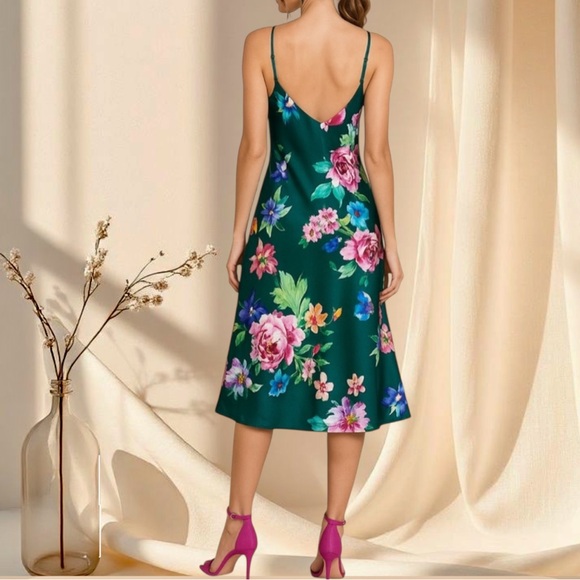 Emerald Green Floral Satin Midi Slip Dress - Picture 4 of 7